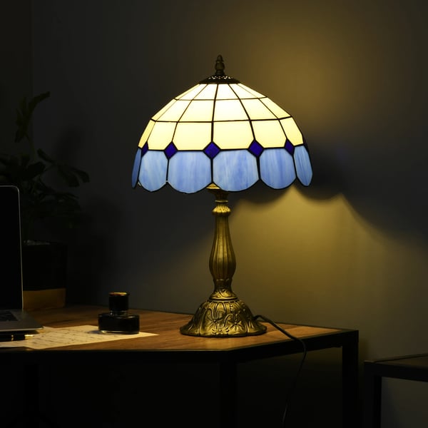 Tiffany bordslampa - Nattlampa - Handgjort färgat glas - Ø31×48 cm - E27-sockel, EU-kontakt 220 V - Tryckknappsbrytare - Blå