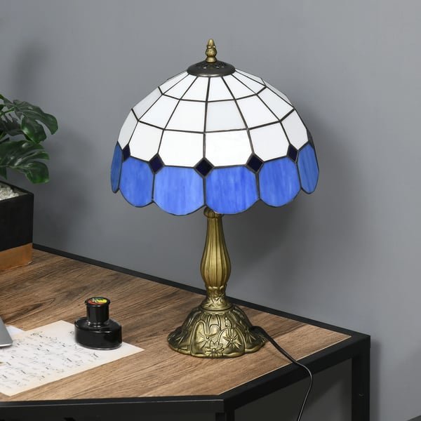 Tiffany bordslampa - Nattlampa - Handgjort färgat glas - Ø31×48 cm - E27-sockel, EU-kontakt 220 V - Tryckknappsbrytare - Blå