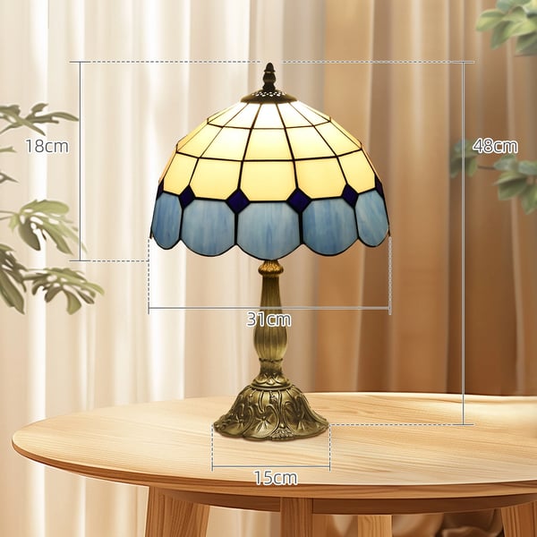 Tiffany bordslampa - Nattlampa - Handgjort färgat glas - Ø31×48 cm - E27-sockel, EU-kontakt 220 V - Tryckknappsbrytare - Blå