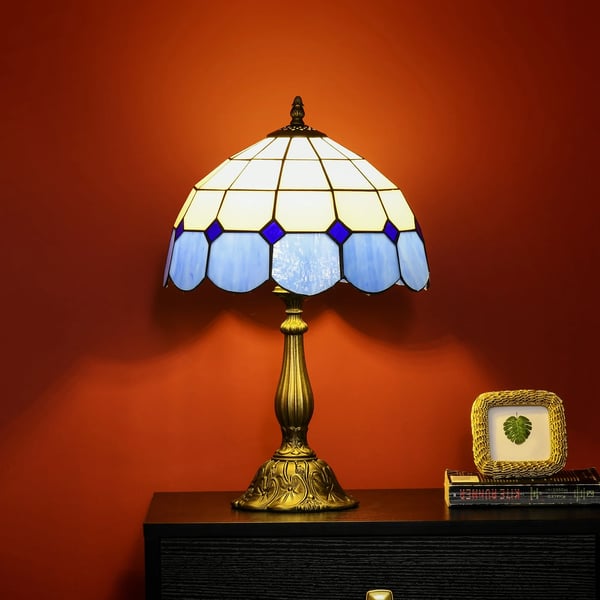 Tiffany bordslampa - Nattlampa - Handgjort färgat glas - Ø31×48 cm - E27-sockel, EU-kontakt 220 V - Tryckknappsbrytare - Blå