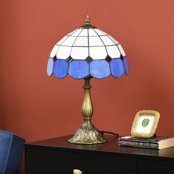 Tiffany bordslampa - Nattlampa - Handgjort färgat glas - Ø31×48 cm - E27-sockel, EU-kontakt 220 V - Tryckknappsbrytare - Blå