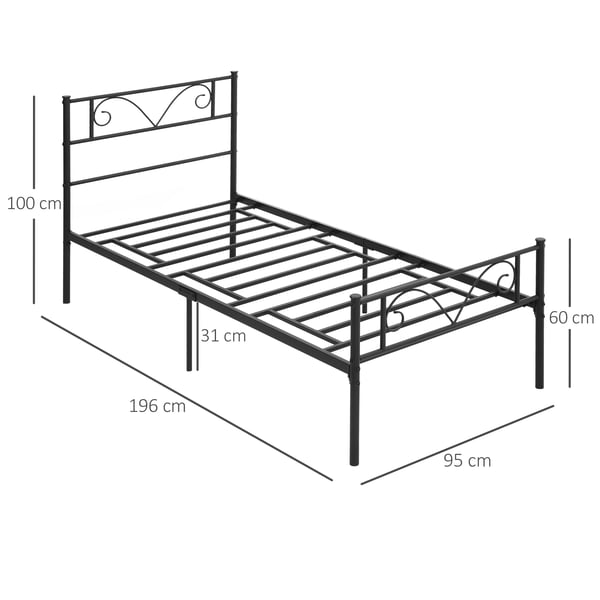 Sängram i metall - Enkelsäng - För madrass 90x190 cm - Huvudgavel i fjärilsform - 31 cm fri höjd för förvaring - Mått 95x196x100 cm - Svart