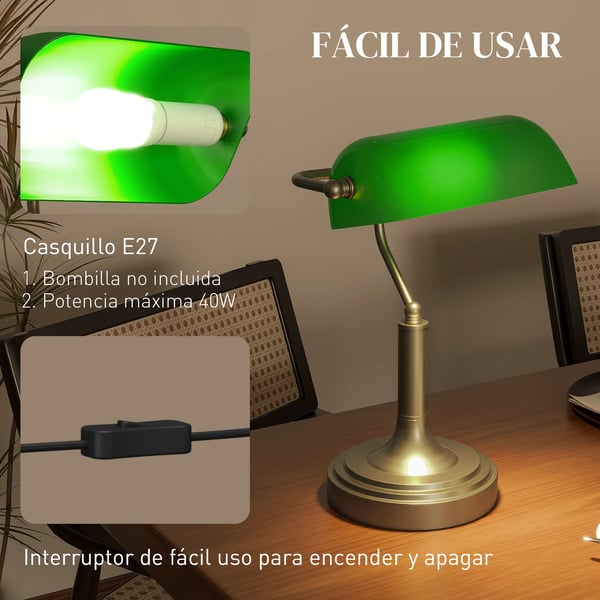 Bankerlampa - Skrivbordslampa - E27 Sockel - Justerbar Skärm - Touch-strömbrytare - 220 V EU-kontakt - Metall, Stabil Bas - Smaragdgrön