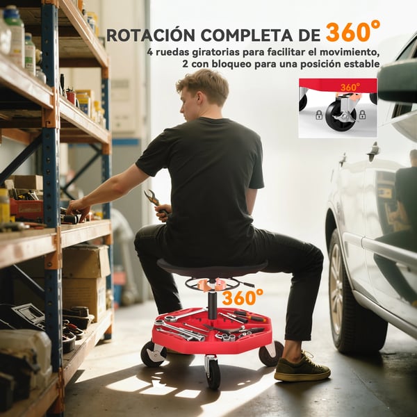 Verkstadsstol - Rullbar mekanikerpall - Höjdjusterbar 52–59,5 cm - Belastning 135 kg - Magnetisk bricka - Hjul - Plast - Röd