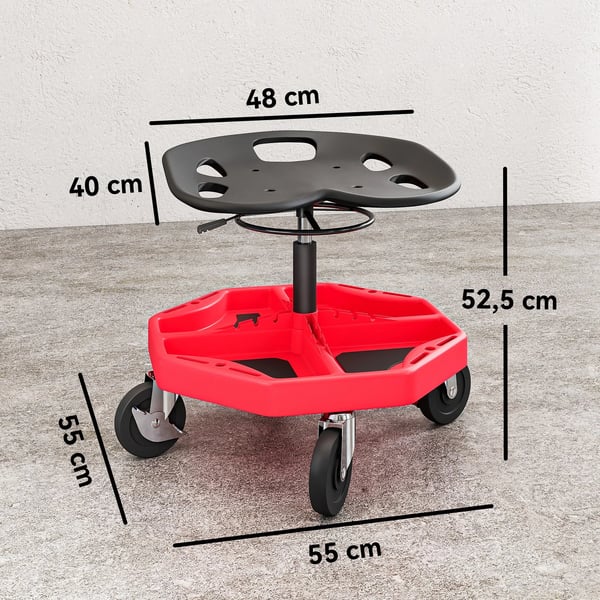 Verkstadsstol - Rullbar mekanikerpall - Höjdjusterbar 52–59,5 cm - Belastning 135 kg - Magnetisk bricka - Hjul - Plast - Röd