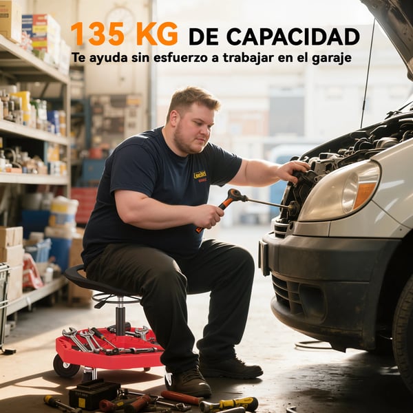 Verkstadsstol - Rullbar mekanikerpall - Höjdjusterbar 52–59,5 cm - Belastning 135 kg - Magnetisk bricka - Hjul - Plast - Röd