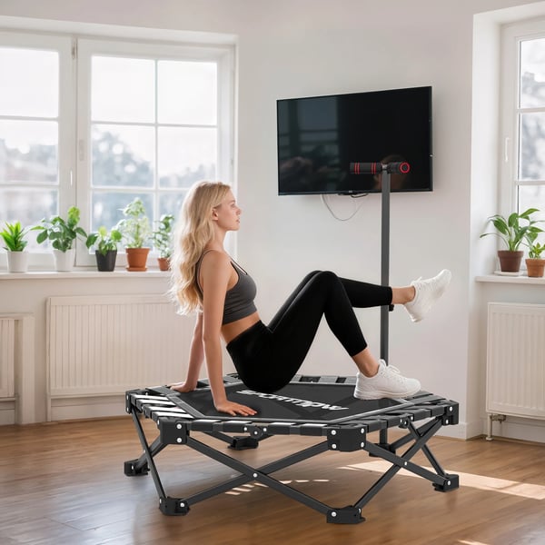 Fitness-trampolin - Rebounder - Ø 102 cm - Hopfällbar - Justerbart Handtag 3 Höjder - Cardio Midja & Mage - Med Bärväska - Svart