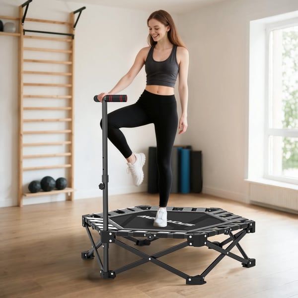 Fitness-trampolin - Rebounder - Ø 102 cm - Hopfällbar - Justerbart Handtag 3 Höjder - Cardio Midja & Mage - Med Bärväska - Svart