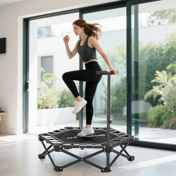 Fitness-trampolin - Rebounder - Ø 102 cm - Hopfällbar - Justerbart Handtag 3 Höjder - Cardio Midja & Mage - Med Bärväska - Svart