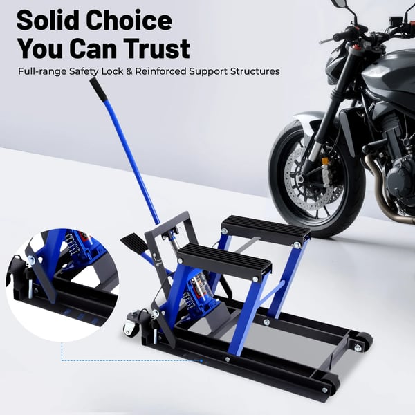 Motorcykelløfter - Hydraulisk MC-løftebord - 680 kg Kapacitet - Transportabel - 4 Hjul - Blå