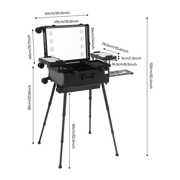 Makeupkuffert - Rullende trolley med spejl - 56 cm - 8x5W LED-pærer - 12V - Bæreevne 50 kg - Aluminium - Sort