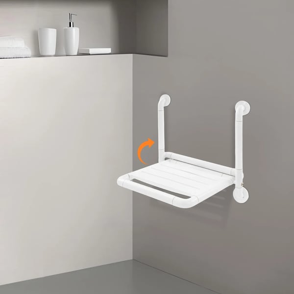 Brusesæde til vægmontering - Klapbar brusestol - Bæreevne 150 kg - Sæde 34×37 cm - Bredde 50 cm - ABS + rustfrit stål - Hvid