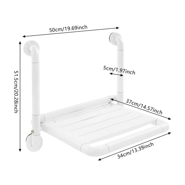 Brusesæde til vægmontering - Klapbar brusestol - Bæreevne 150 kg - Sæde 34×37 cm - Bredde 50 cm - ABS + rustfrit stål - Hvid