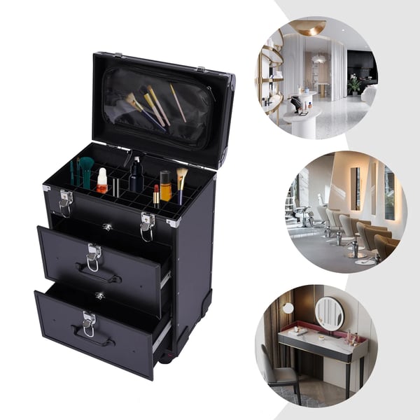 Makeup-kuffert på hjul - Makeup-trolley - Med lås - Med skillevægge - Aluminiumslegeret ramme - Viskosefor - Kapacitet <20 L - 9 kg - Sort