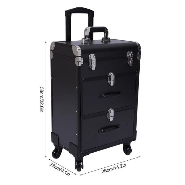 Makeup-kuffert på hjul - Makeup-trolley - Med lås - Med skillevægge - Aluminiumslegeret ramme - Viskosefor - Kapacitet <20 L - 9 kg - Sort
