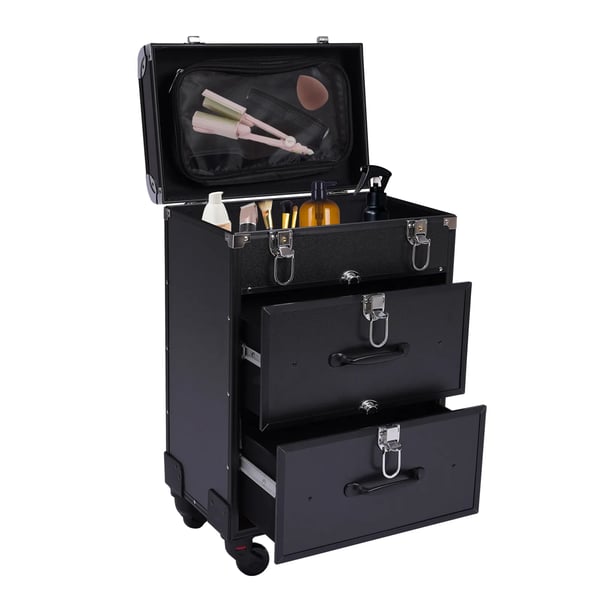Makeup-kuffert på hjul - Makeup-trolley - Med lås - Med skillevægge - Aluminiumslegeret ramme - Viskosefor - Kapacitet <20 L - 9 kg - Sort