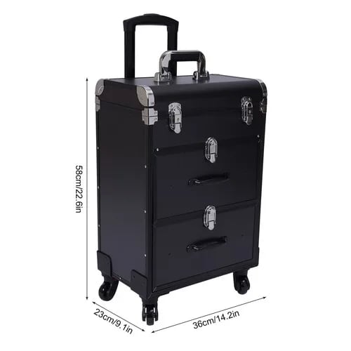 Makeup-kuffert på hjul - Makeup-trolley - Med lås - Med skillevægge - Aluminiumslegeret ramme - Viskosefor - Kapacitet <20 L - 9 kg - Sort