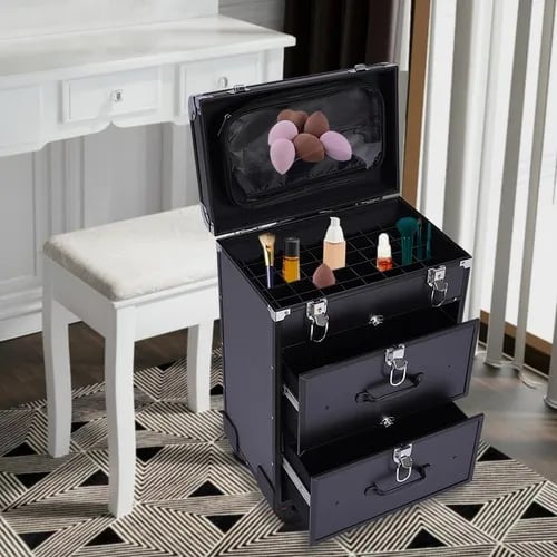 Makeup-kuffert på hjul - Makeup-trolley - Med lås - Med skillevægge - Aluminiumslegeret ramme - Viskosefor - Kapacitet <20 L - 9 kg - Sort