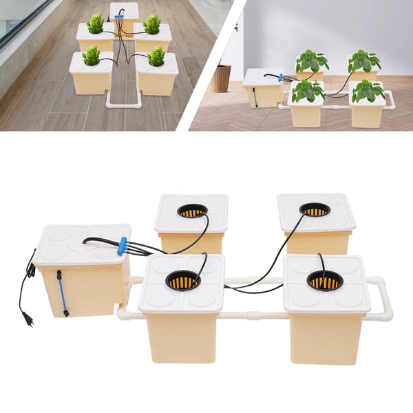 Hydroponisk dyrkningssæt - Spandesystem - 5 spande - 4 netpotter - Vandpumpe 300 L/t - Til grøntsager, frugt, blomster - Hvid