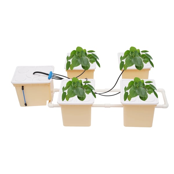 Hydroponisk dyrkningssæt - Spandesystem - 5 spande - 4 netpotter - Vandpumpe 300 L/t - Til grøntsager, frugt, blomster - Hvid