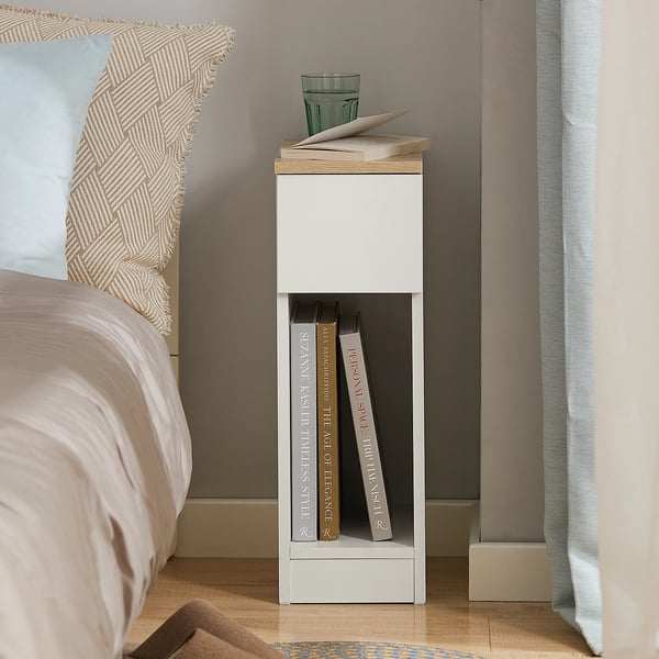 Natbord / sengebord - FBT111-WN - Smalt 20×35×60 cm - Skuffe og opbevaring - Træ - Minimalistisk design - Hvid/natur