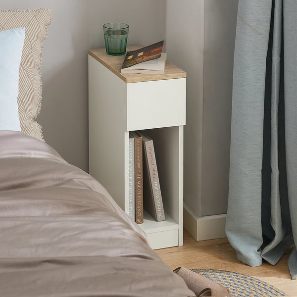 Natbord / sengebord - FBT111-WN - Smalt 20×35×60 cm - Skuffe og opbevaring - Træ - Minimalistisk design - Hvid/natur