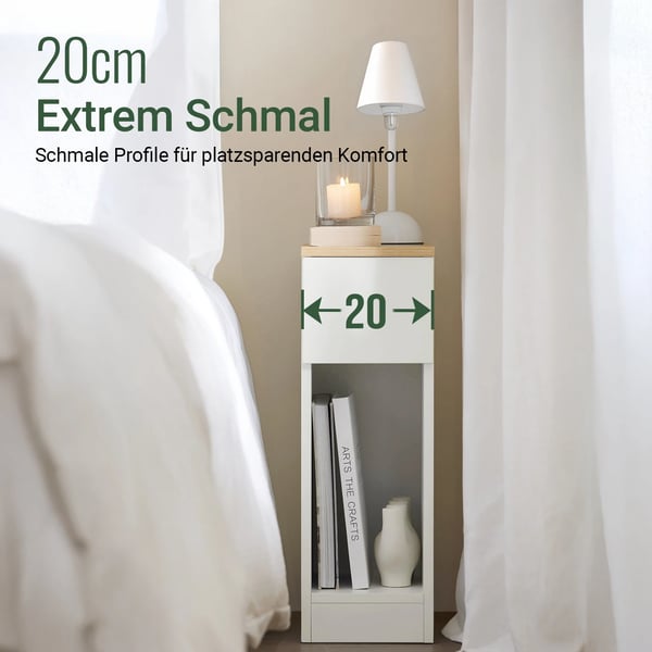 Natbord / sengebord - FBT111-WN - Smalt 20×35×60 cm - Skuffe og opbevaring - Træ - Minimalistisk design - Hvid/natur