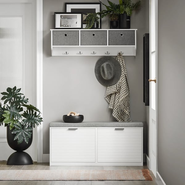 Skobænk - Skoskab med siddeplads - 2 rum - Moderne minimalistisk - Samles - Hvid