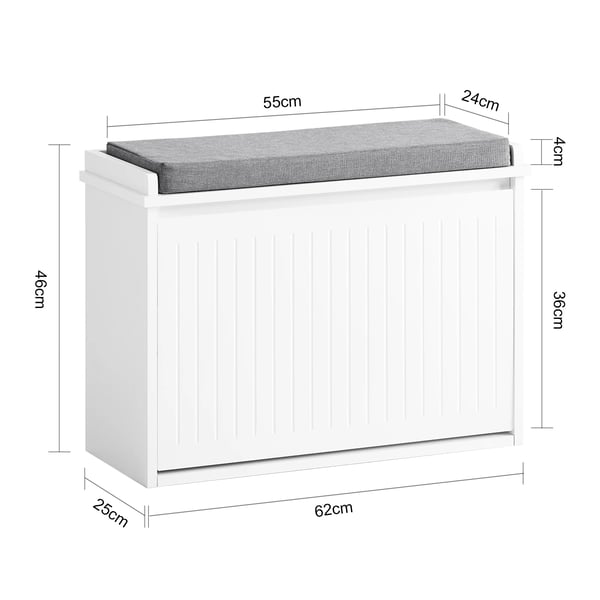 Skobænk med opbevaring - FSR98 - Vippeklap - Sædehynde - Bambus - 62 x 46 x 26 cm - Hvid