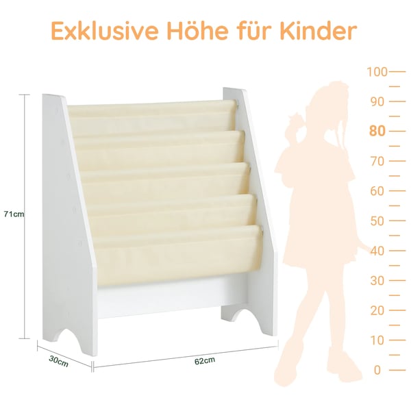 Børnebogreol og bogstativ - FRG225-W - 4 Hylder - Træ - Samling kræves - 62×71×29 cm - Elfenbenshvid