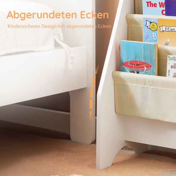 Børnebogreol og bogstativ - FRG225-W - 4 Hylder - Træ - Samling kræves - 62×71×29 cm - Elfenbenshvid