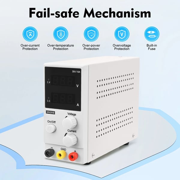 Laboratorie strømforsyning - DC bordmodel - 0–30 V justerbar - 220 V AC 50 Hz - LED-display - ±0,5 % nøjagtighed - 50 mV loadregulering - Grå