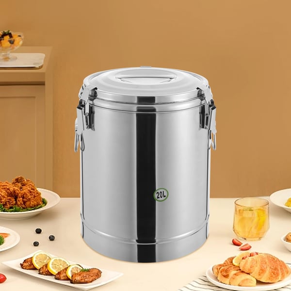 Madvarmer - Termobeholder - Rustfrit stål - 20 l - Låg og håndtag - Til suppe og drikke - Holder op til 12 t varm/kold - Sølv