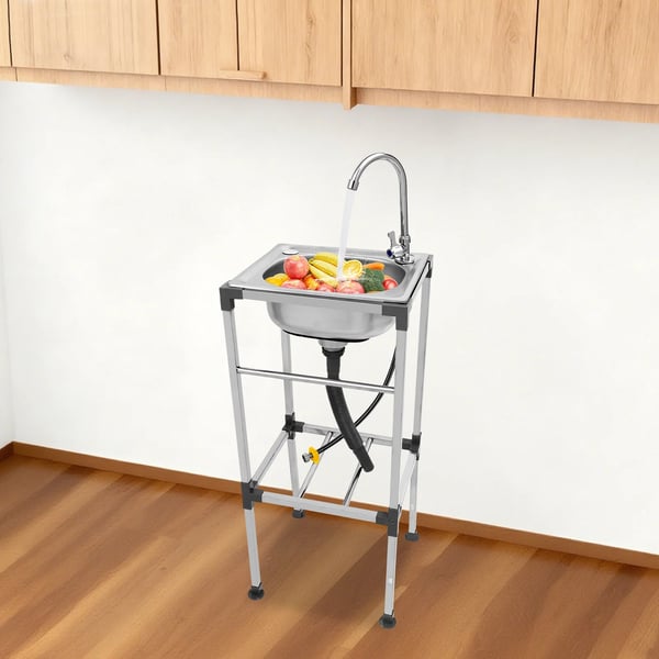 Tvättbänk - Fristående tvättho - Rektangulär 38×33×83 cm - Rostfritt stål - Med kallvattenkran och avlopp - Max belastning 60 kg - Silver