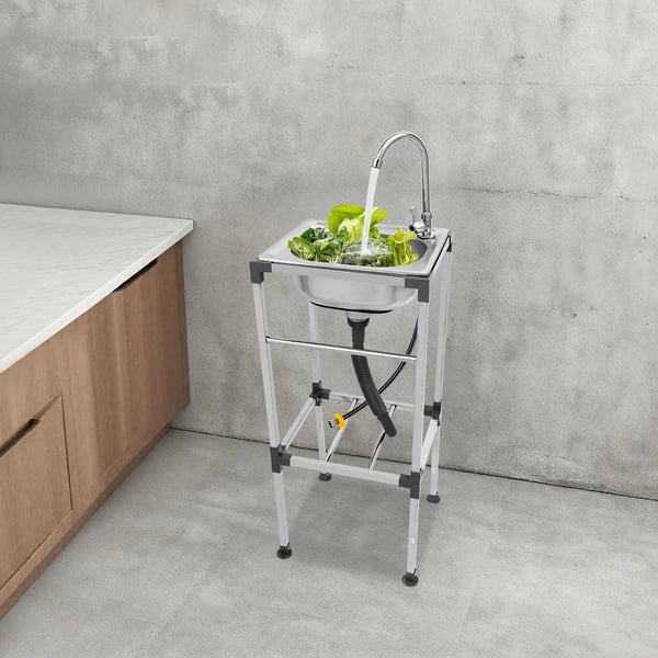 Tvättbänk - Fristående tvättho - Rektangulär 38×33×83 cm - Rostfritt stål - Med kallvattenkran och avlopp - Max belastning 60 kg - Silver