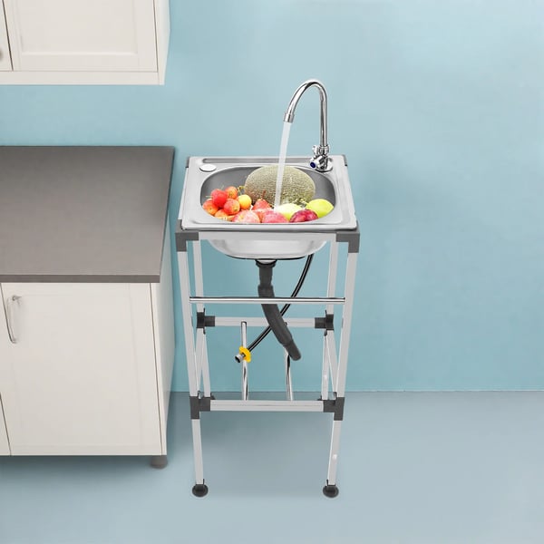 Tvättbänk - Fristående tvättho - Rektangulär 38×33×83 cm - Rostfritt stål - Med kallvattenkran och avlopp - Max belastning 60 kg - Silver