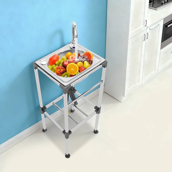 Tvättbänk - Fristående tvättho - Rektangulär 38×33×83 cm - Rostfritt stål - Med kallvattenkran och avlopp - Max belastning 60 kg - Silver