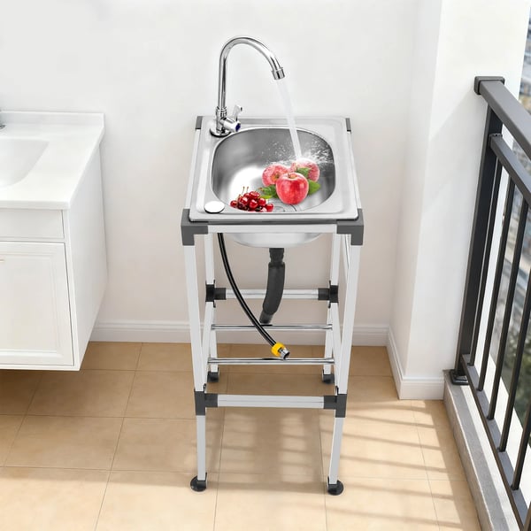 Tvättbänk - Fristående tvättho - Rektangulär 38×33×83 cm - Rostfritt stål - Med kallvattenkran och avlopp - Max belastning 60 kg - Silver