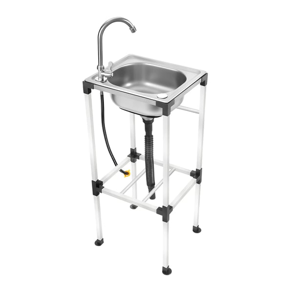 Vask i rustfrit stål - Fritstående vask - Størrelse 42×37×83 cm - Varm/kold armatur - Afløbsrør, indløb, filterkurv - Max 60 kg - Sølv