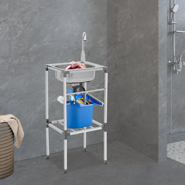 Ruostumaton teräsallas - Vapaasti seisova - Mitat 42×37×83 cm - Kuuma/kylmä hana - Viemäriputki, tuloletku, suodinkori - Max 60 kg - Hopea