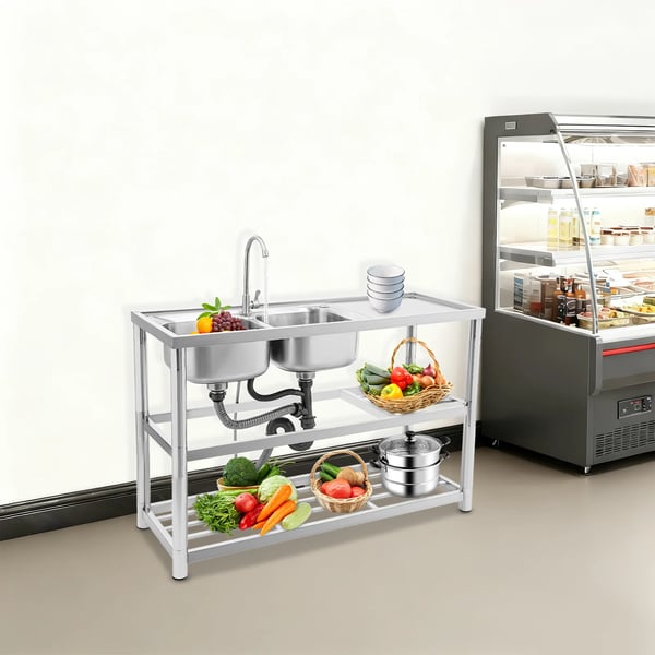 Kommerciel køkkenvask - Fritstående dobbeltkumme - 3 niveauer - Rustfrit stål 201 - 360° vandhane - Børstet finish - Bæreevne 100 kg - Sølv