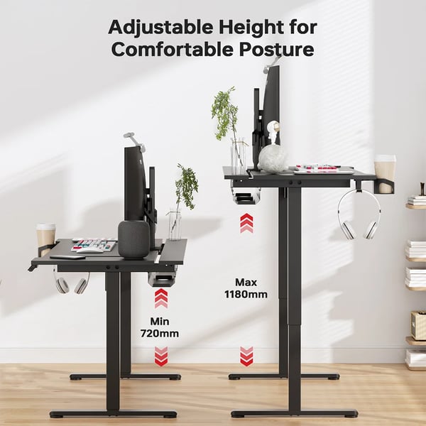 Højdejusterbart skrivebord - JSD5-A1-02 - Elektrisk, enkel motor - 720–1180 mm - 20 mm/s - 6-knaps panel med 3 hukommelser - 70 kg belastning - Sort
