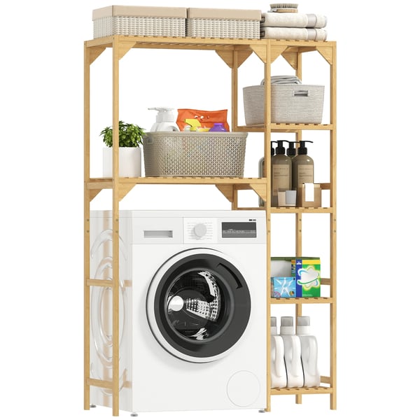 Bambu förvaringshylla - För tvättmaskin eller toalett - Fristående - 5 hyllplan - Expanderbar - Justerbara hyllor - 100x40x157 cm - Naturträ