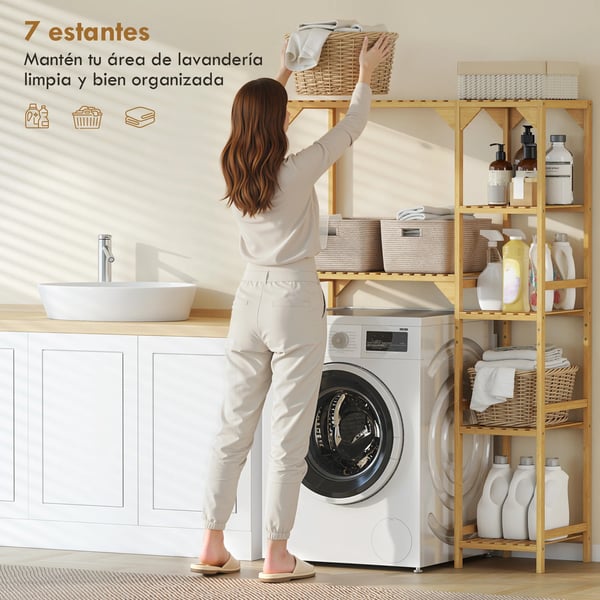 Bambu förvaringshylla - För tvättmaskin eller toalett - Fristående - 5 hyllplan - Expanderbar - Justerbara hyllor - 100x40x157 cm - Naturträ