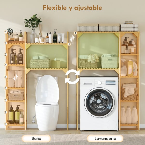Bambu förvaringshylla - För tvättmaskin eller toalett - Fristående - 5 hyllplan - Expanderbar - Justerbara hyllor - 100x40x157 cm - Naturträ