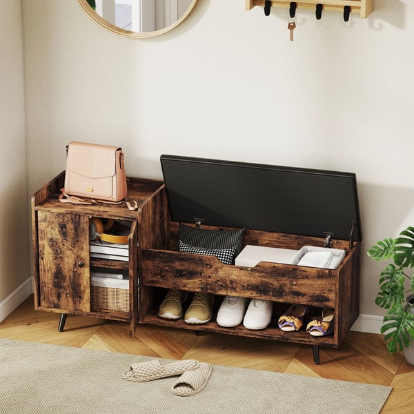 Skobänk - Hallbänk med vadderad sits - Dolt fack - Hyllor & dörrar - Öppen hylla för 3 par - 127×35×59 cm - Rustik brun