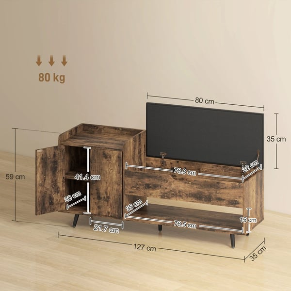 Skobänk - Hallbänk med vadderad sits - Dolt fack - Hyllor & dörrar - Öppen hylla för 3 par - 127×35×59 cm - Rustik brun