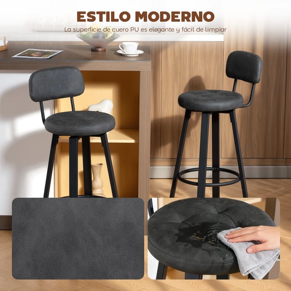 Barstolar - Set om 2 - PU-klädsel - Metallram - Ryggstöd - Storlek 35,5×43,5×98 cm - Ej roterbar - Kaffebrun