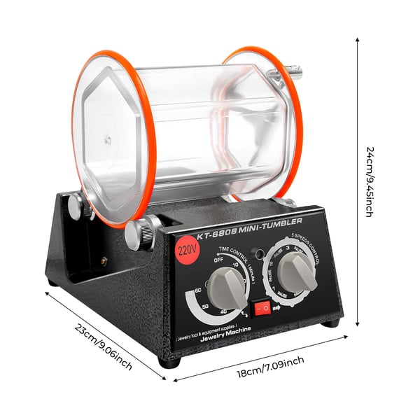 Roterande polertrumma - Smycke-/myntpolerare - 60 W - 500–3000 varv/min - 5-stegs timer - Avgradning av metall - 4,28 kg - Gul
