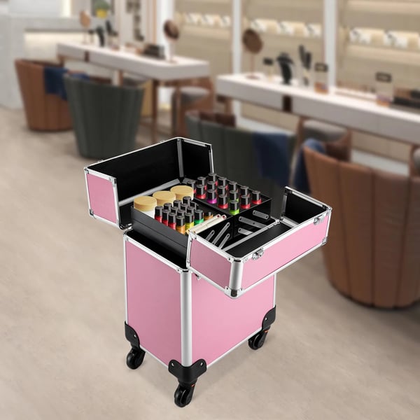 Makeupkuffert På Hjul - Trolley - 20–35 L - 4 Bakker - 34×24×45 cm - Teleskophåndtag - Universelle Hjul - Pink